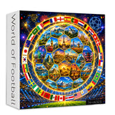 World of Football puzzle box with colorful design and world flags