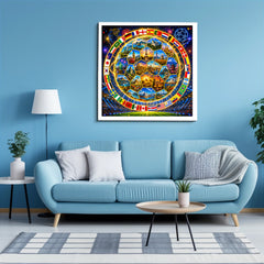 Living room with a blue sofa, coffee table, and decorative wall art featuring international flags.