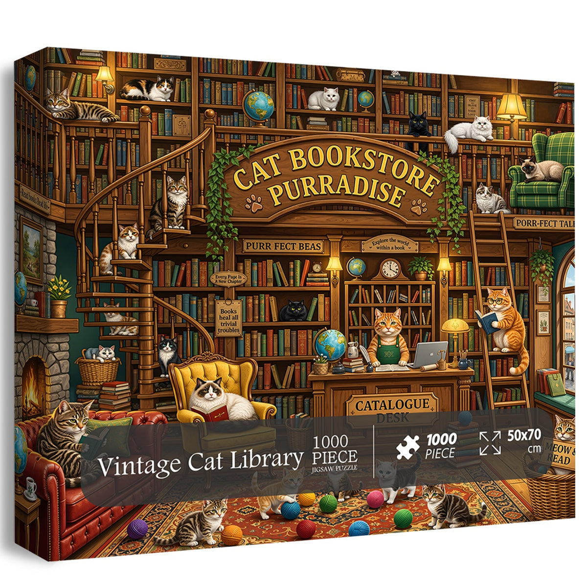 Vintage Cat Library Jigsaw Puzzle 1000 Piece