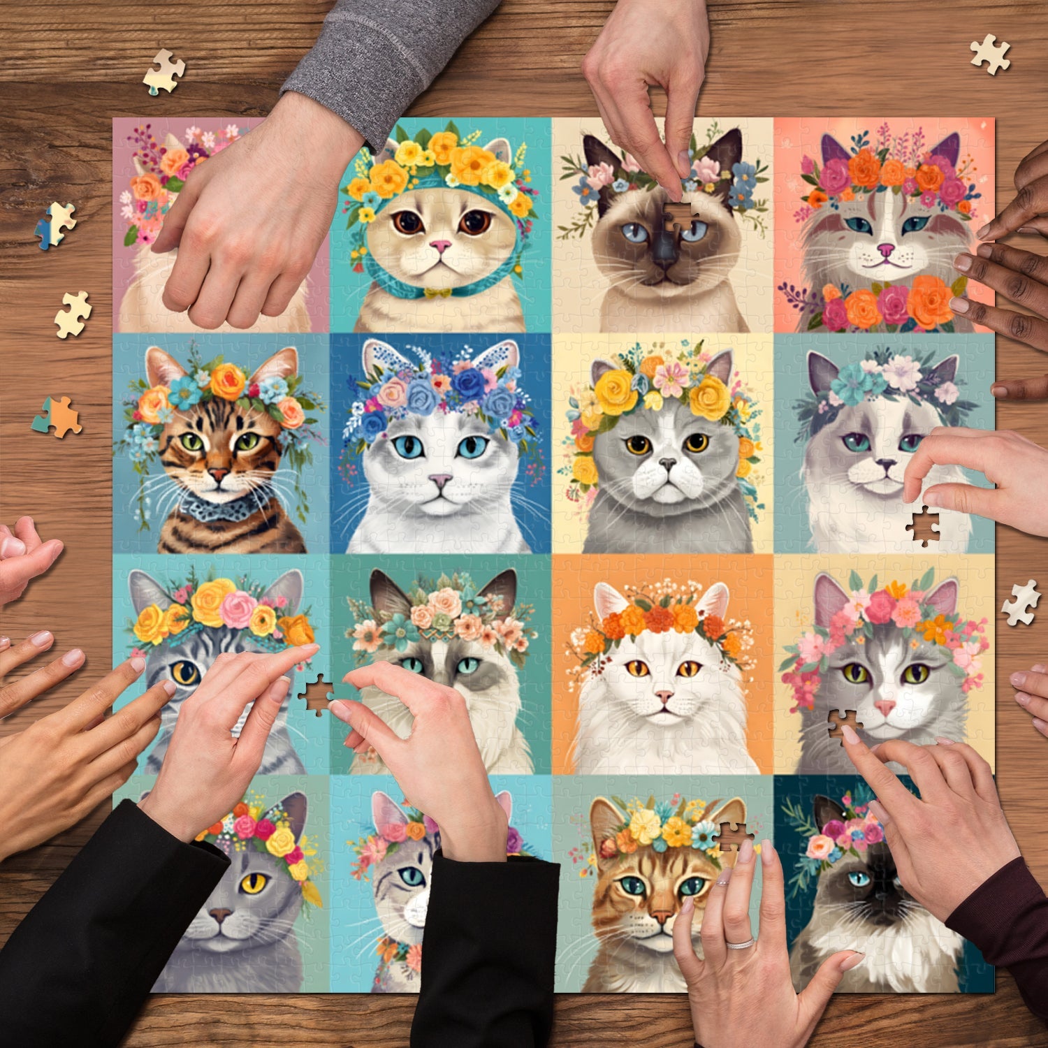 Colorful Cat Flower Crowns Jigsaw Puzzle 1000 Pieces