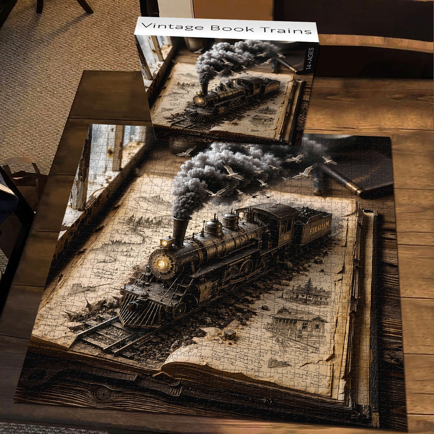 Puzzle di treni vintage con libri, 1000 pezzi