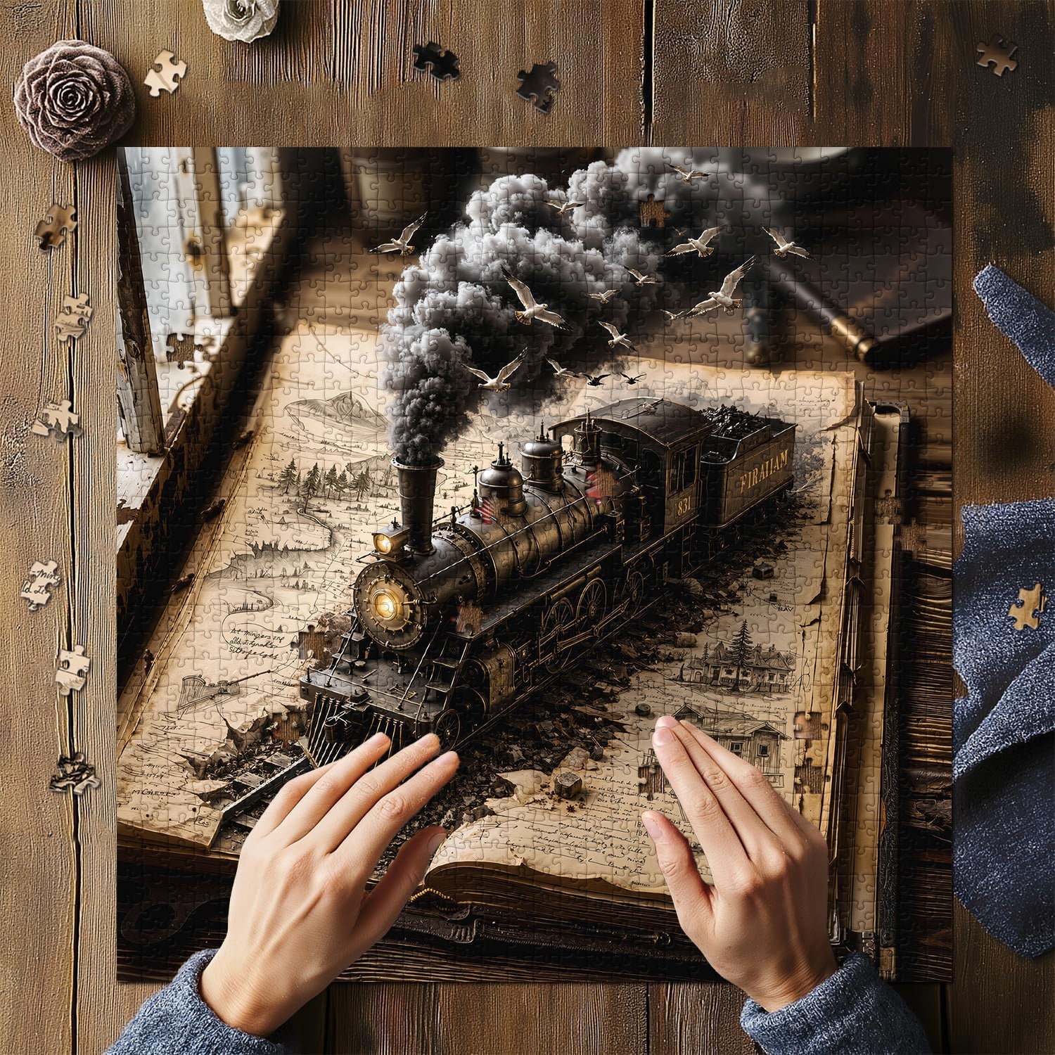 Puzzle di treni vintage con libri, 1000 pezzi
