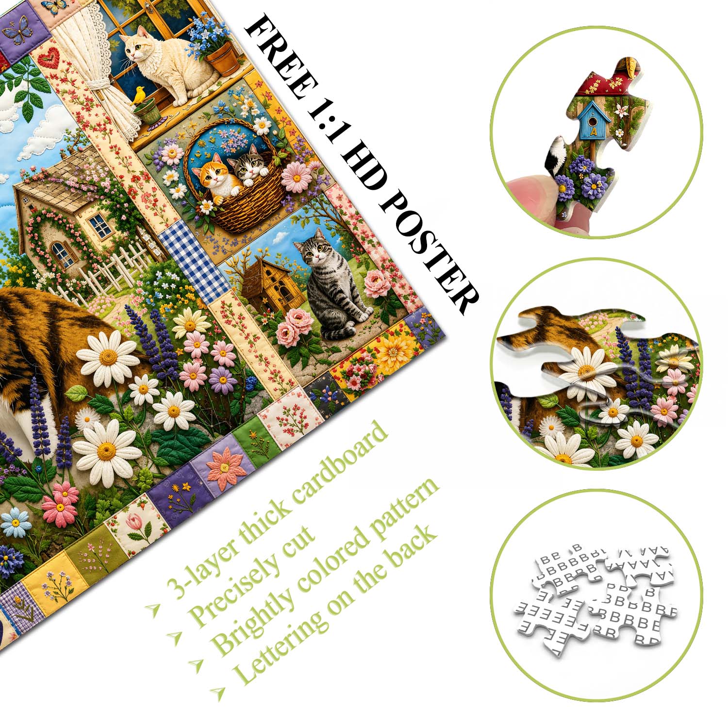 Quilted Cat Garden Jigsaw Puzzle 1000 Pieces