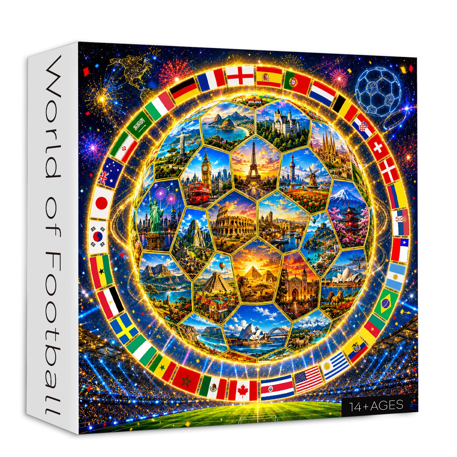 World of Football puzzle box with colorful design and world flags
