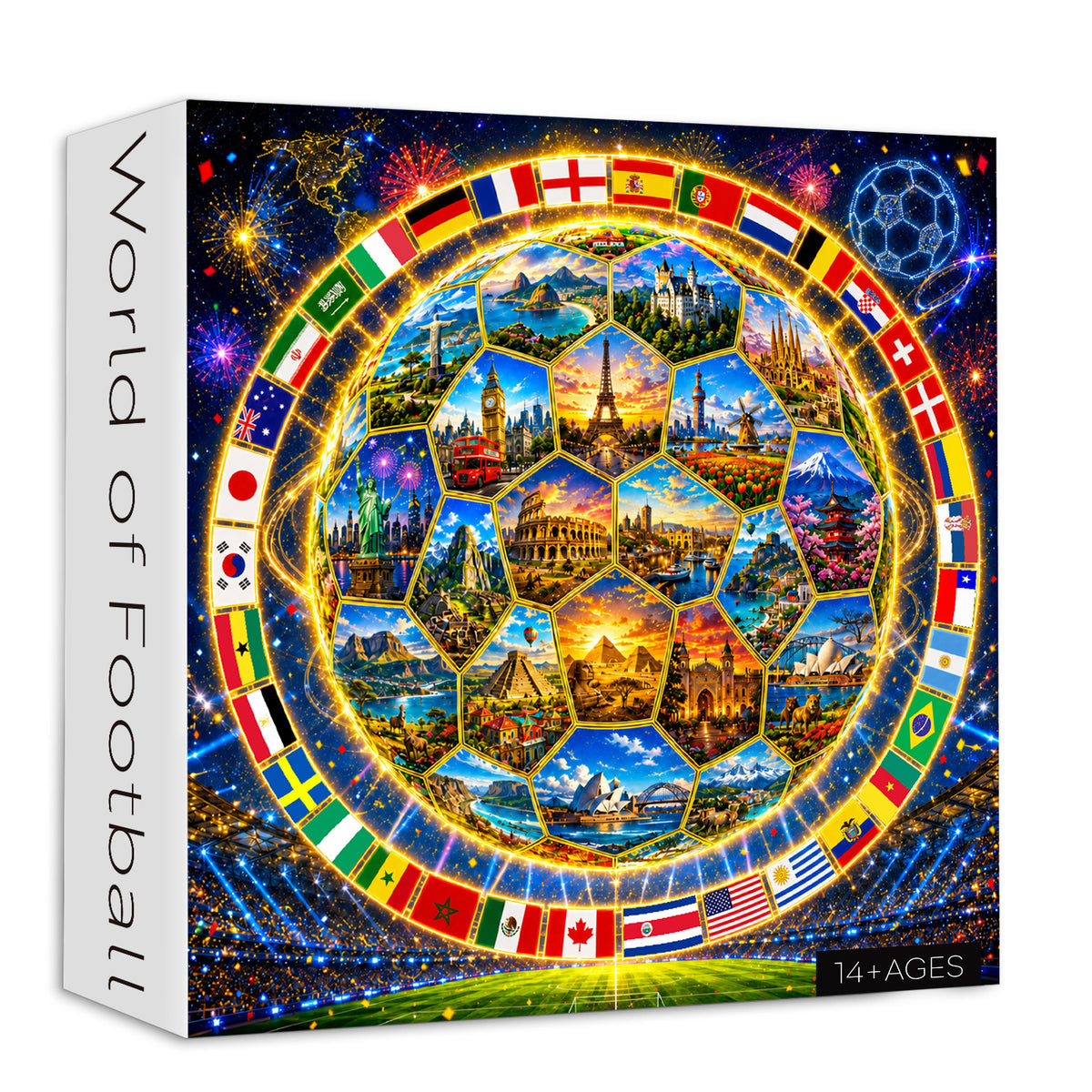 World of Football puzzle box with colorful design and world flags