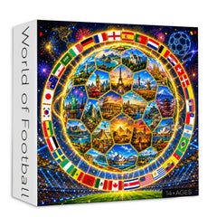 World of Football puzzle box with colorful design and world flags
