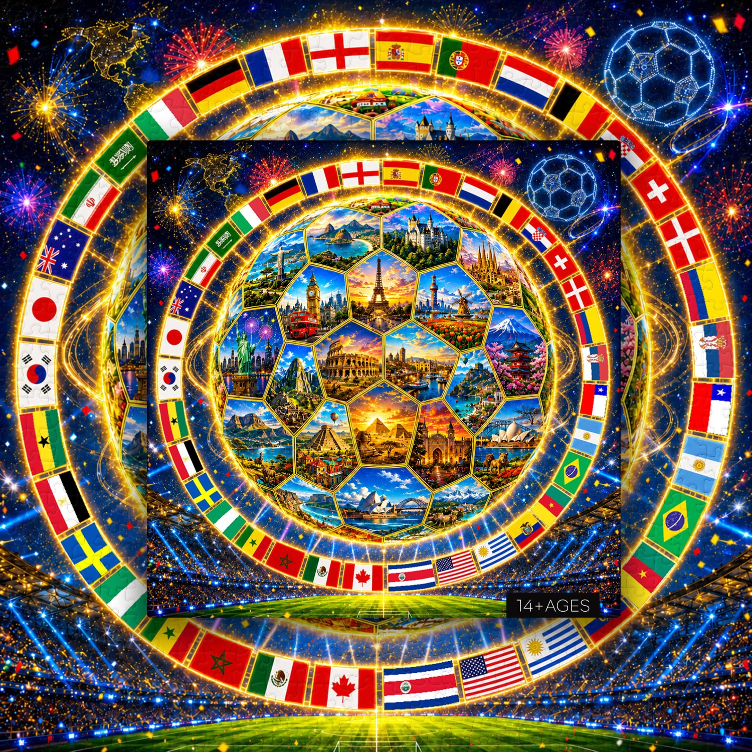 Soccer ball with world flags and landmarks around it, set against a starry night sky.