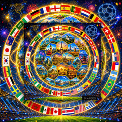 Soccer ball with world flags and landmarks around it, set against a starry night sky.