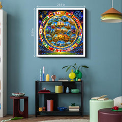 Colorful circular artwork with various flags on a blue wall above a black shelf.