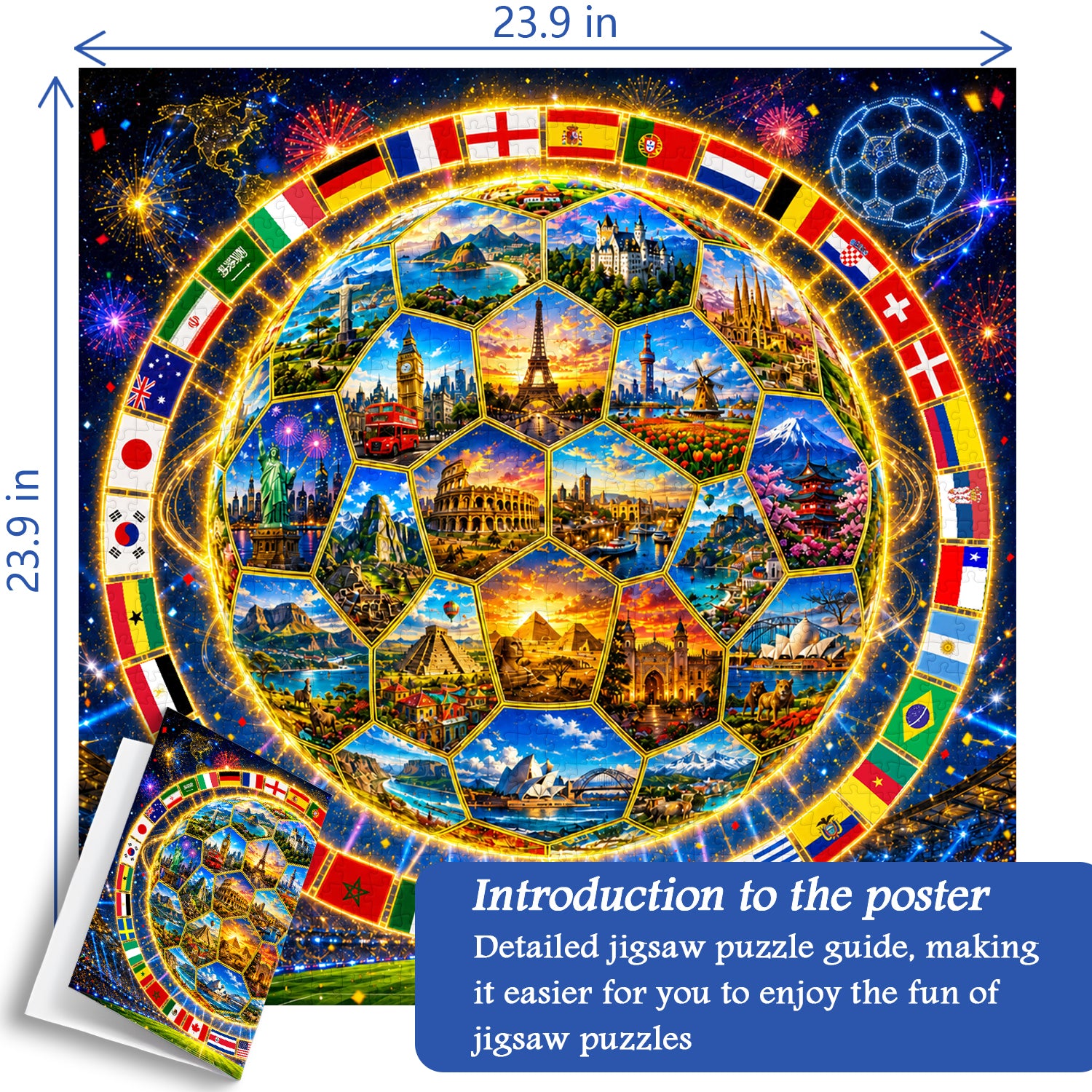 Jigsaw puzzle with a soccer ball design featuring world landmarks and flags, with dimensions displayed.