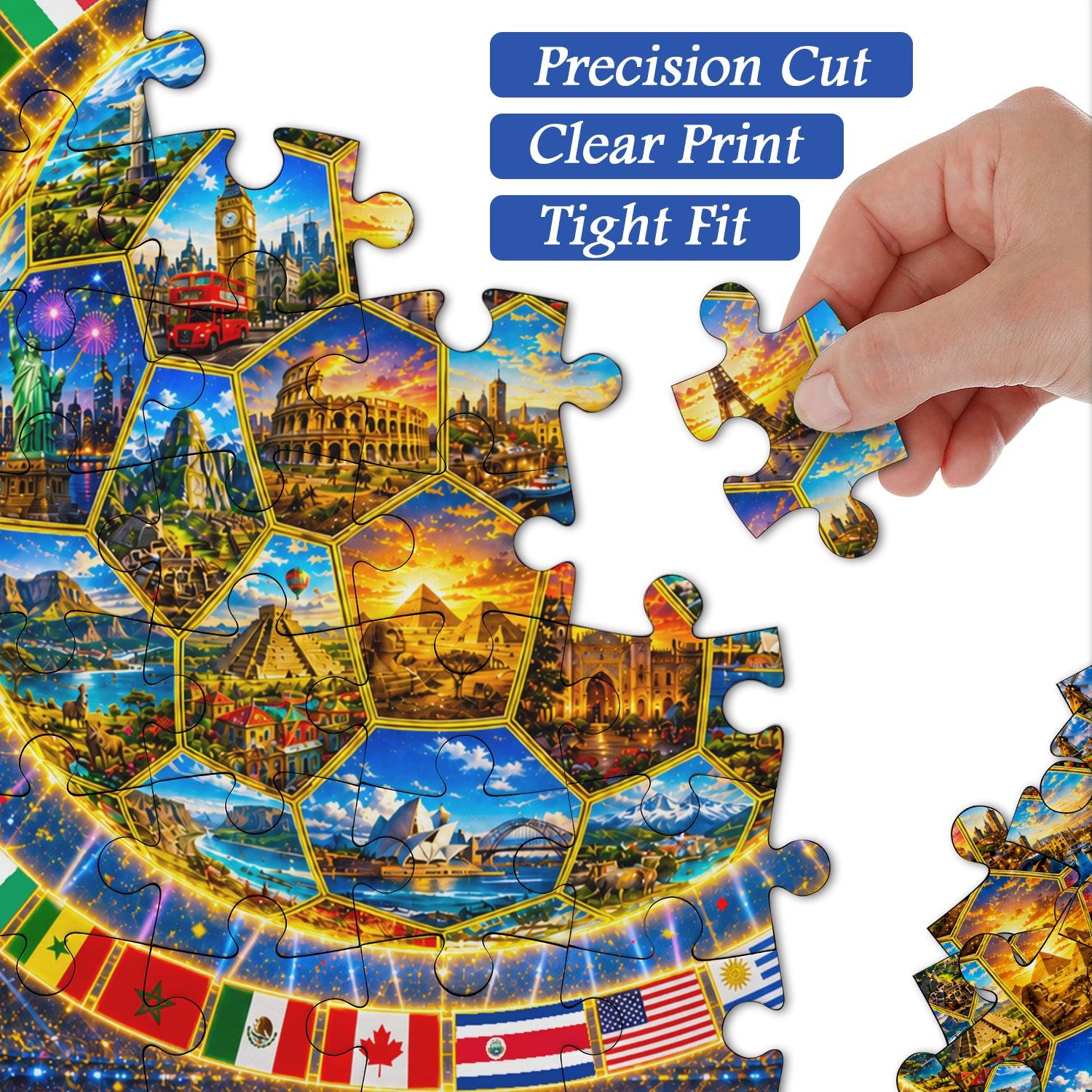 Jigsaw puzzle with world landmarks and flags, held together by a hand.