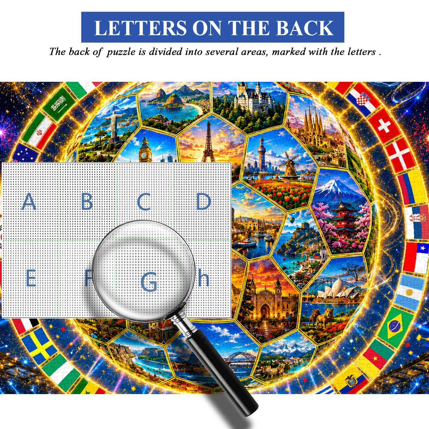Puzzle with world landmarks and a magnifying glass over letter 'G', with text about puzzle back design.