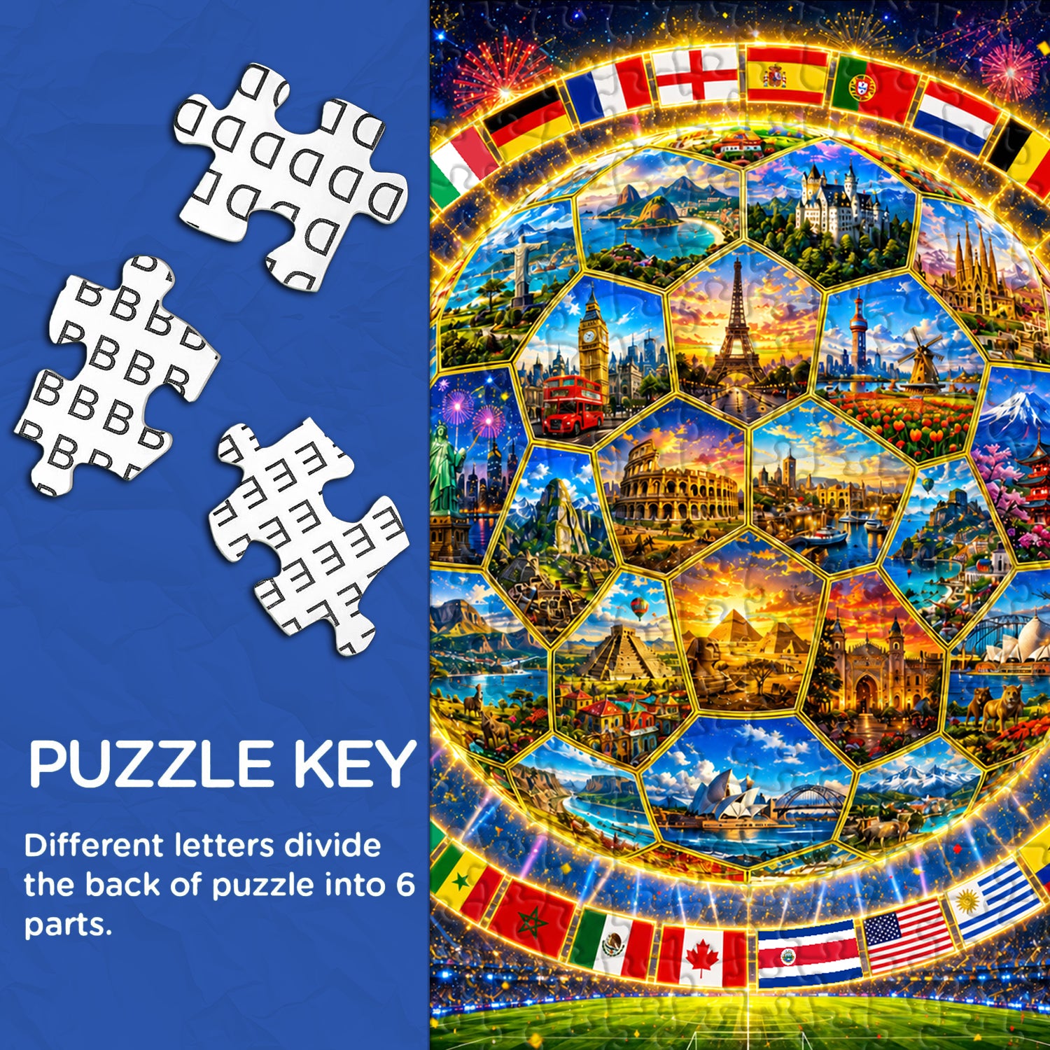 Jigsaw puzzle with a soccer ball design featuring world landmarks and flags, accompanied by puzzle pieces and text.